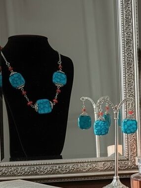 Turquoise Necklace and Earring Set Coral Silver Boho Southwestern